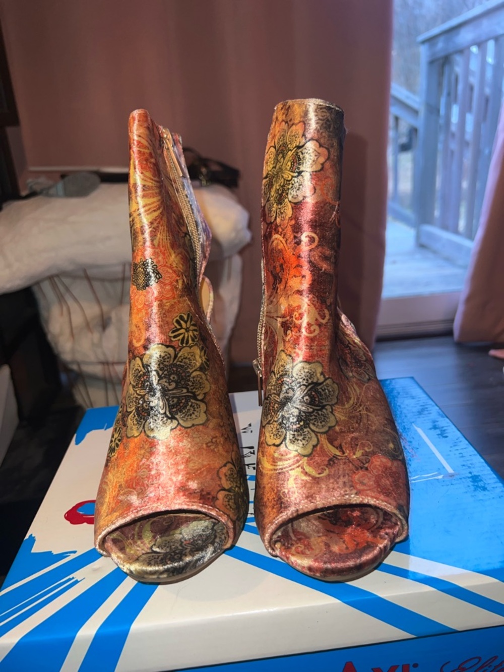 Women's Orange Floral Peep-Toe Booties